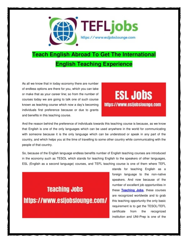 Teach English Abroad To Get The International English Teaching Experience