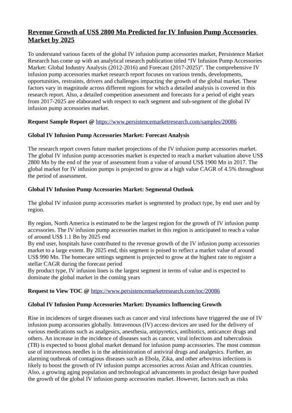 IV Infusion Pump Accessories Market to Incur Rapid Extension at 4.5% CAGR During 2017-2025