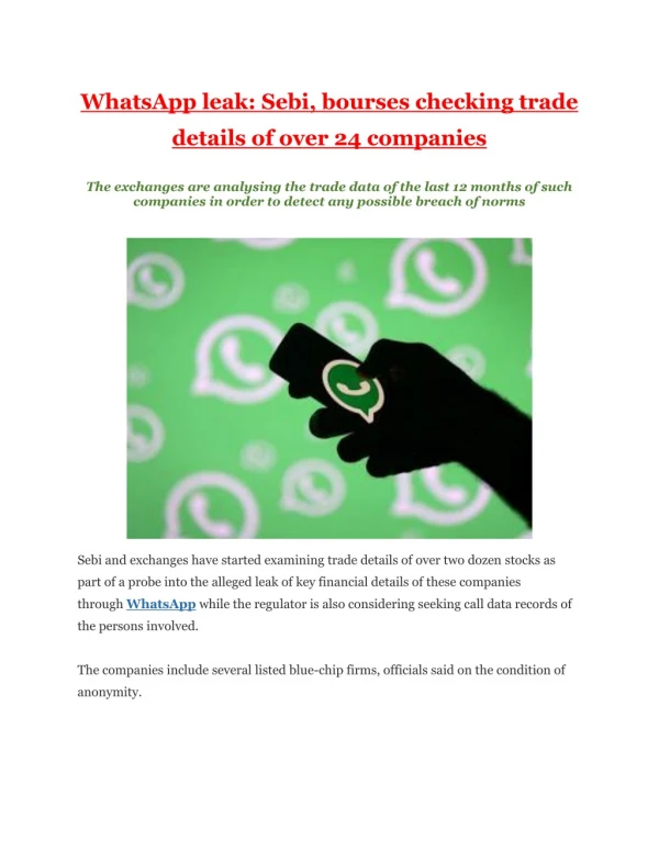 WhatsApp leak: Sebi, bourses checking trade details of over 24 companies