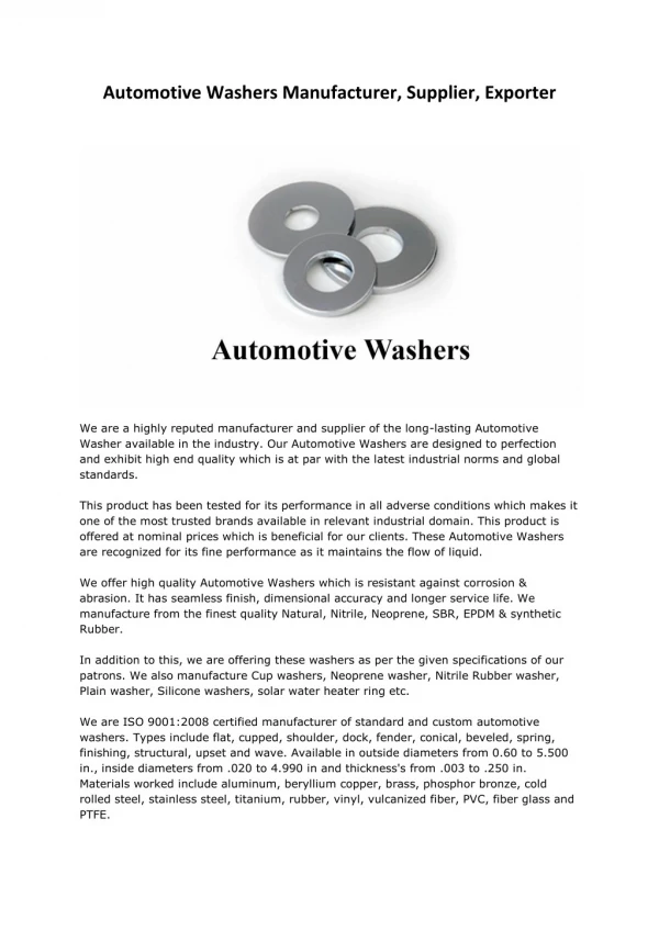 Automotive Washers Manufacturers Suppliers Exporters Mumbai India