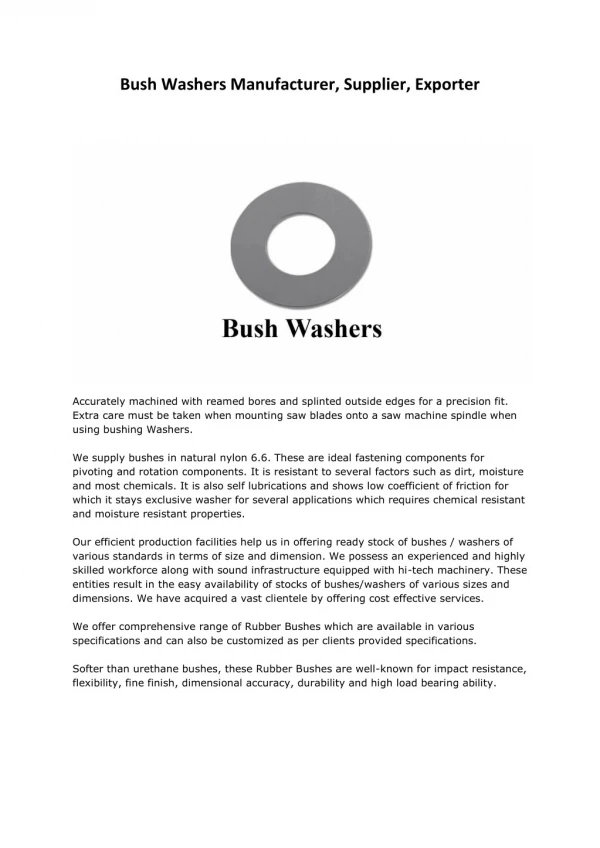 Bush Washers Manufacturers Suppliers Exporters Mumbai India