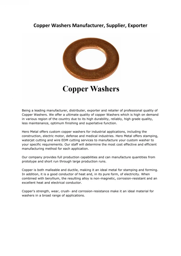Copper Washers Manufacturers Suppliers Exporters Mumbai India
