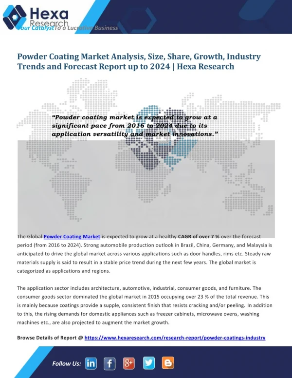 Powder Coating Market Analysis, Size, Application Analysis and Regional Outlook