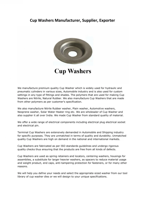 Cup Washers Manufacturers Suppliers Exporters Mumbai India