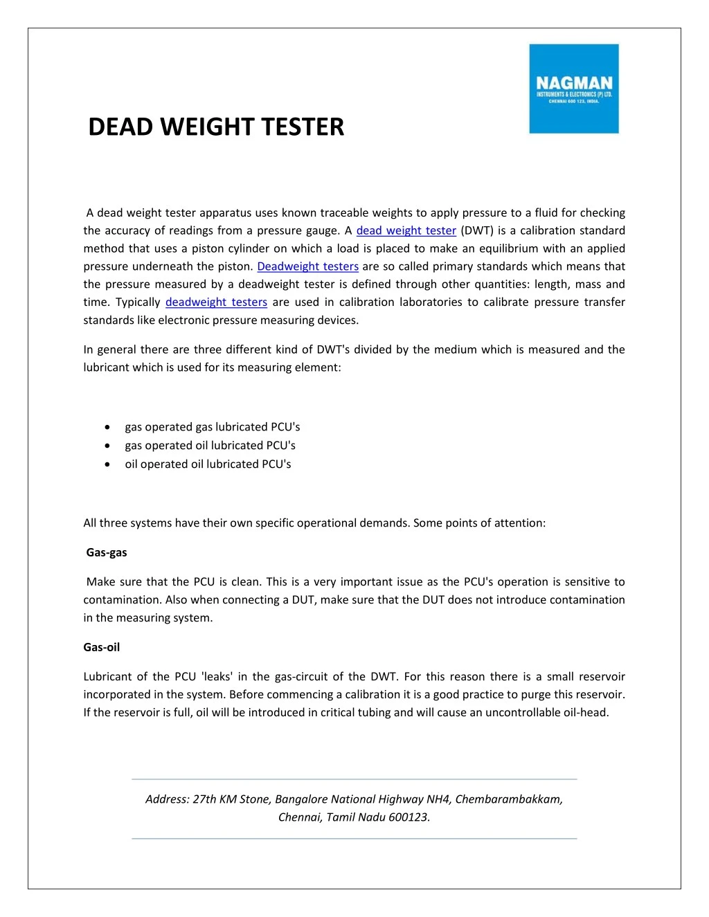 dead weight tester