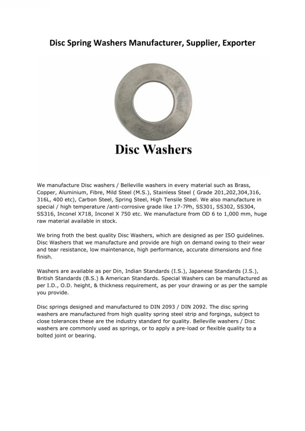 Disc Washers Manufacturers Suppliers Exporters Mumbai India