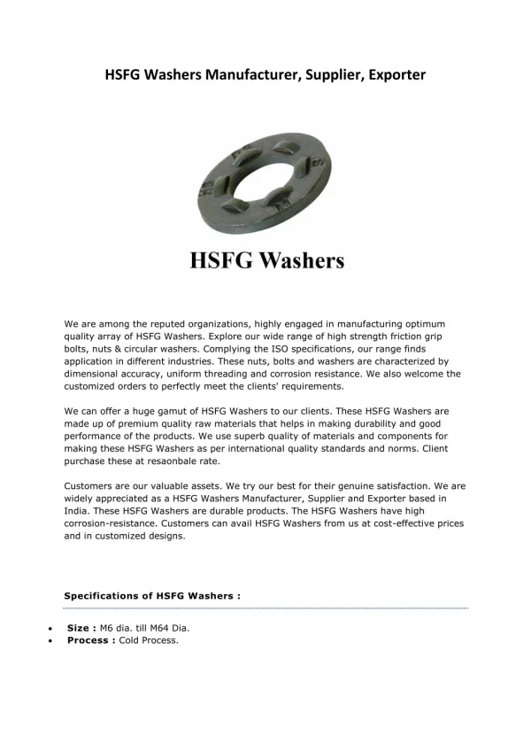 HSFG Washers Manufacturers Suppliers Exporters Mumbai India