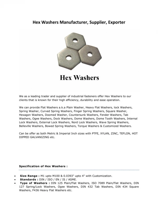 Hex Washers Manufacturers Suppliers Exporters Mumbai India