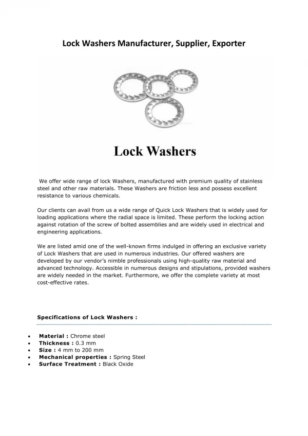 Lock Washers Manufacturers Suppliers Exporters Mumbai India