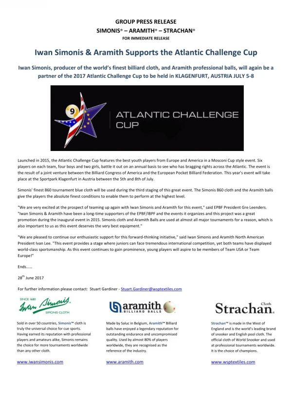 Iwan Simonis & Aramith Supports the Atlantic Challenge Cup