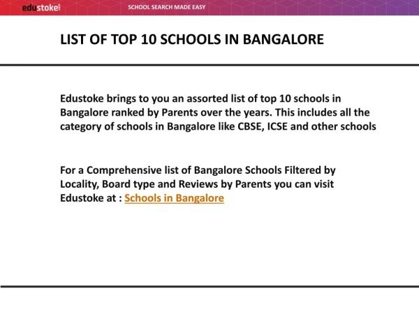 List of top 10 schools in bangalore