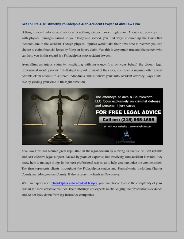 Get To Hire A Trustworthy Philadelphia Auto Accident Lawyer At Alva Law Firm