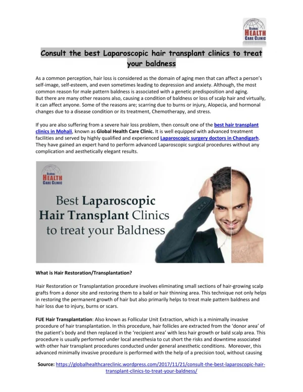 Consult the best Laparoscopic hair transplant clinics to treat your baldness