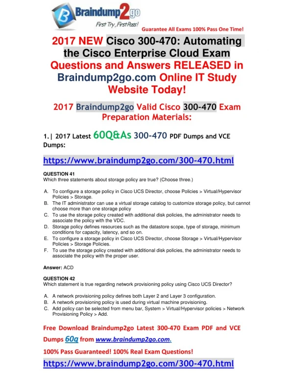 [2017-Version]Braindump2go New 300-470 PDF 60Q Free Offer(Q41-Q46)