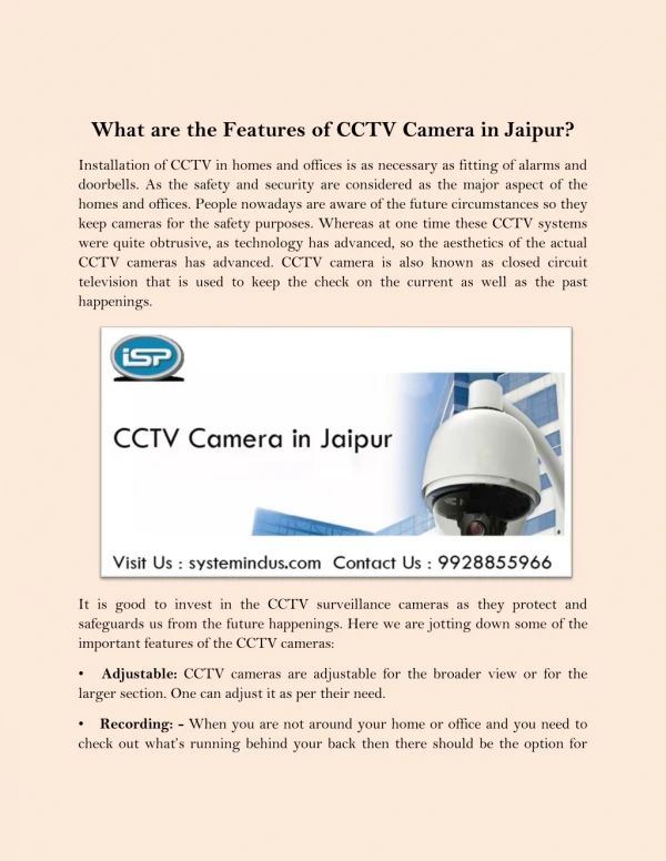 What are the Features of CCTV Camera in Jaipur?