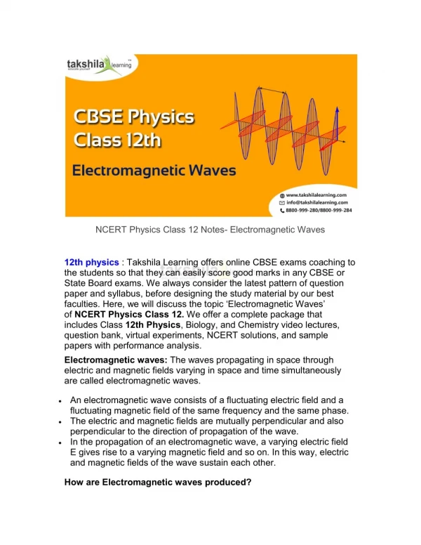 NCERT physics class 12 notes- Electromagnetic Waves