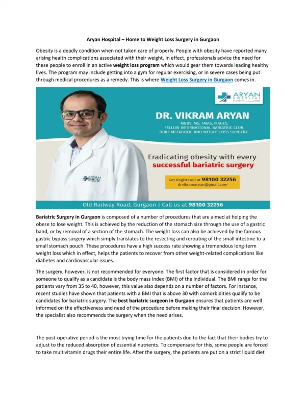 Reduce Weight with Weight Loss Surgery in Gurgaon at Aryan Hospital