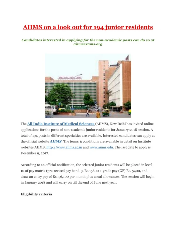 AIIMS on a look out for 194 junior residents