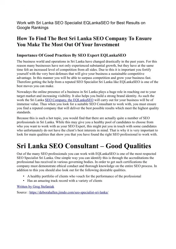 Work with Sri Lanka SEO Specialist EQLankaSEO