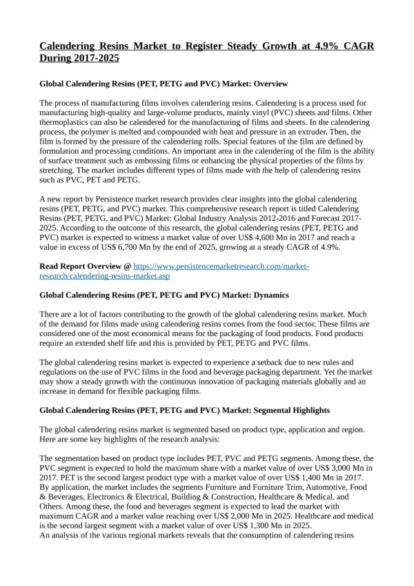 Laminar Growth to be Witnessed by Calendering Resins Market at 4.9% CAGR by 2025