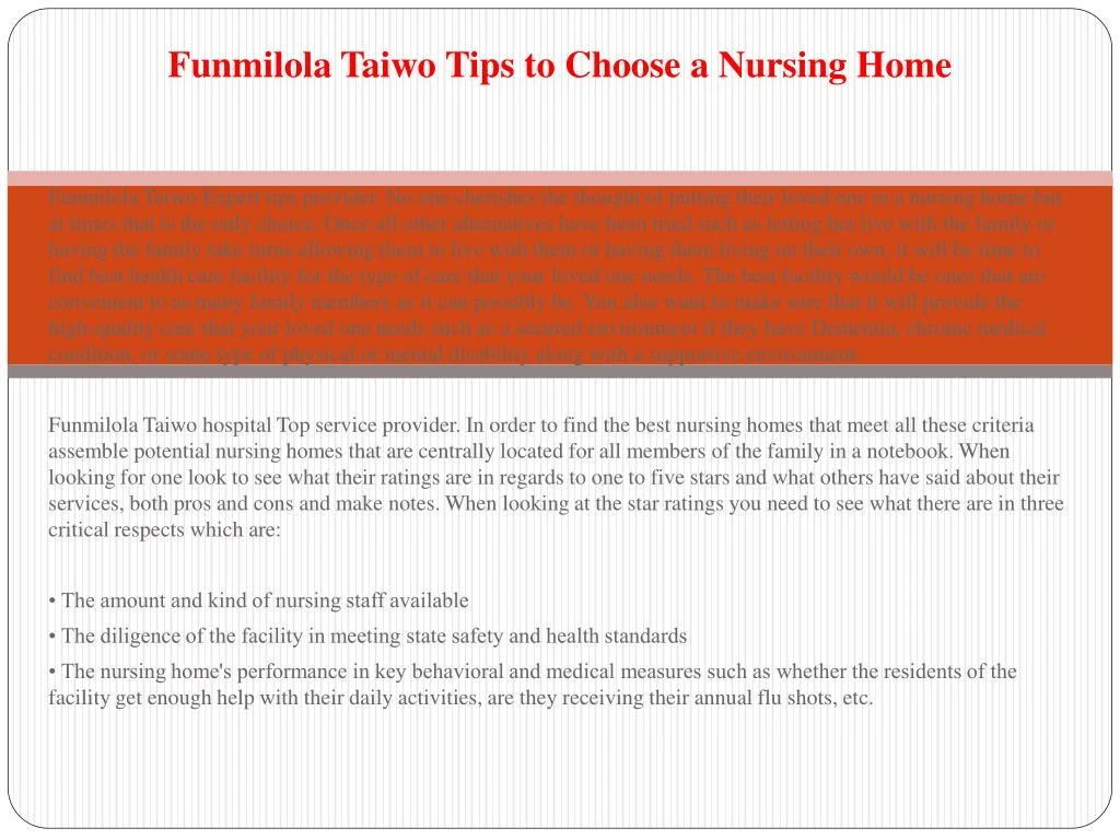 funmilola taiwo tips to choose a nursing home