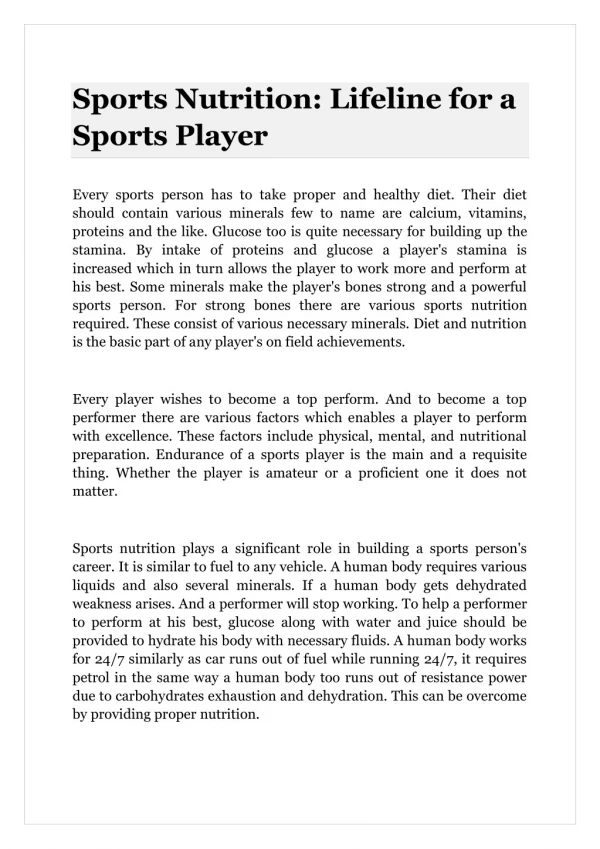 Sports Nutrition: Lifeline for a Sports Player