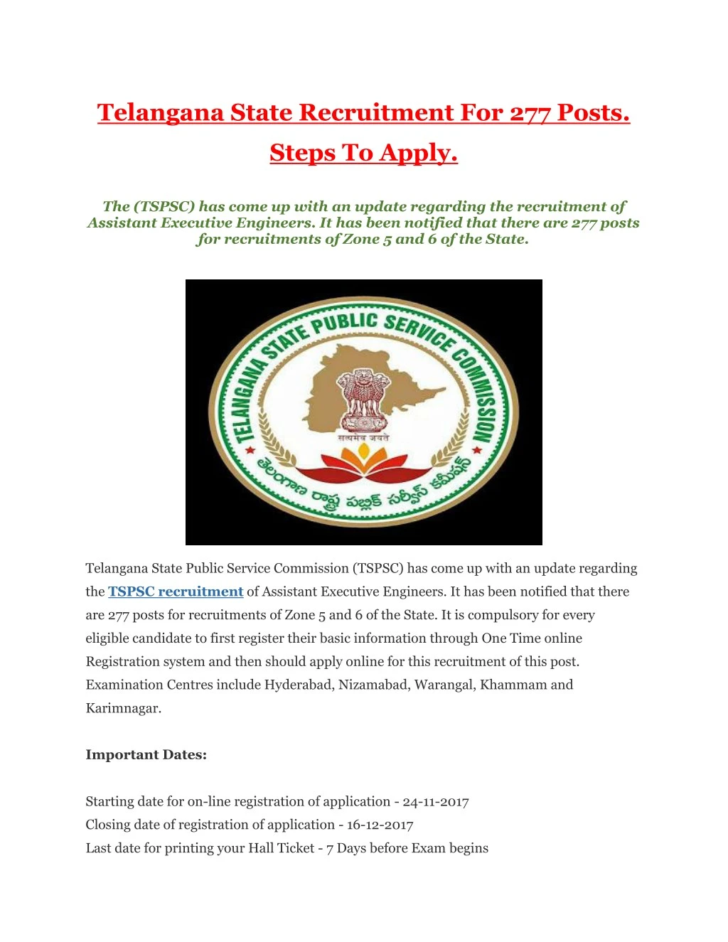 telangana state recruitment for 277 posts