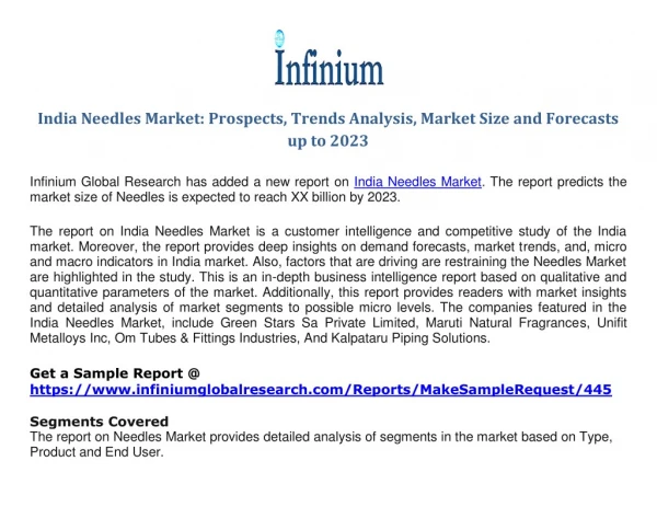 India Needles Market Prospects, Trends Analysis, Market Size and Forecasts up to 2023