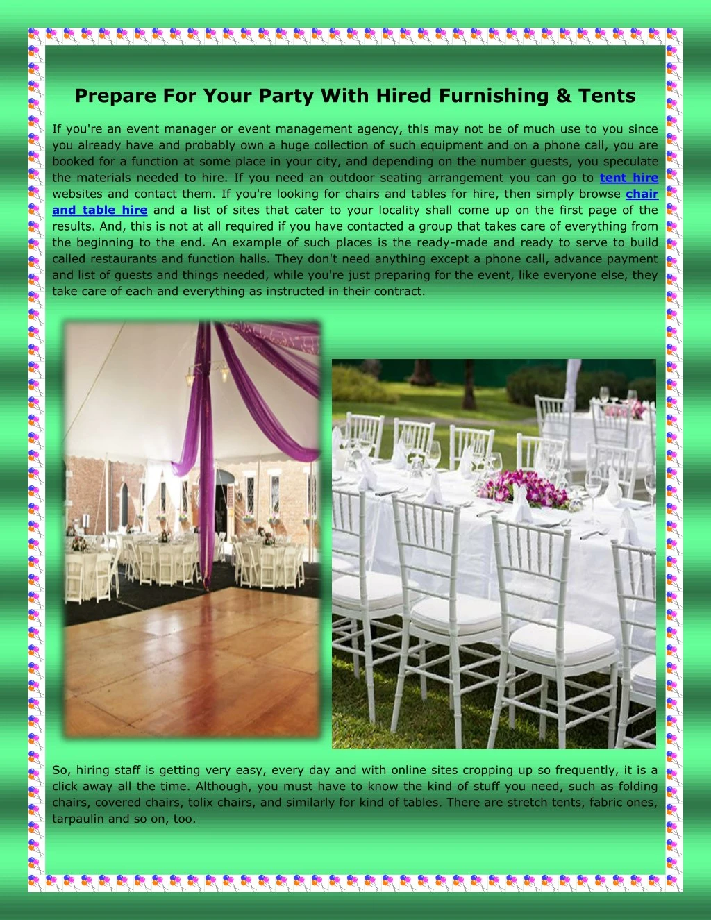 prepare for your party with hired furnishing tents