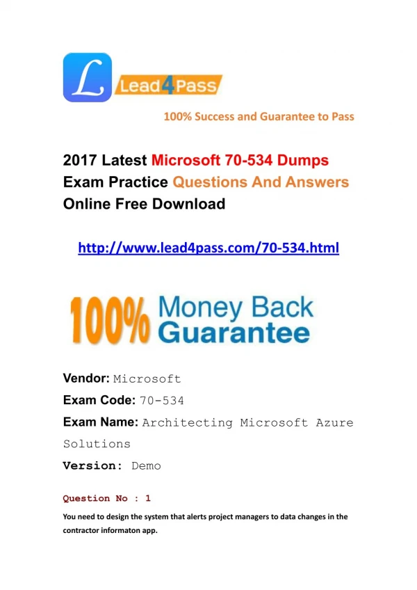 Latest lead4pass Microsoft 70-534 dumps exam questions free update