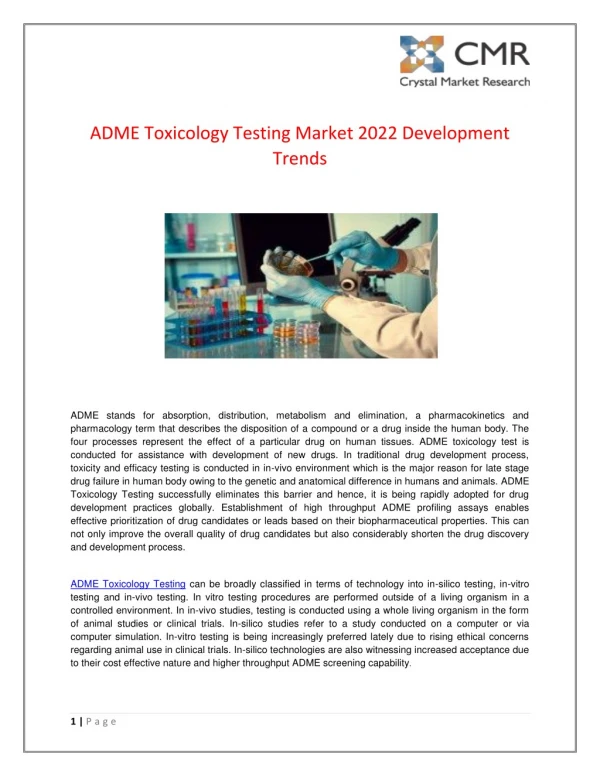 ADME Toxicology Testing Market 2022 Development Trends