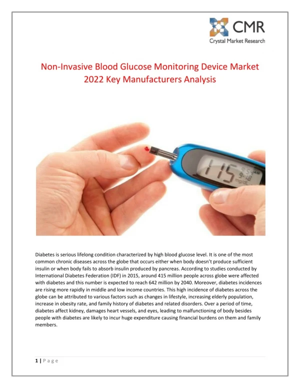 Non-Invasive Blood Glucose Monitoring Device Market 2022 Key Manufacturers Analysis