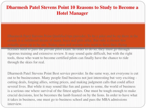 Dharmesh Patel Stevens Point The Job of a Hospitality Manager - Financial Management