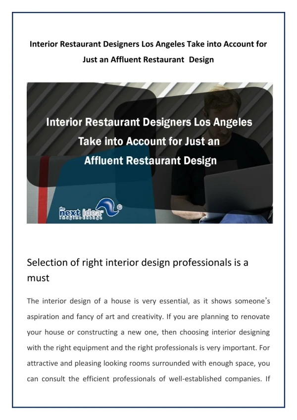 Interior Restaurant Designers Los Angeles Take into Account for Just an Affluent Restaurant Design