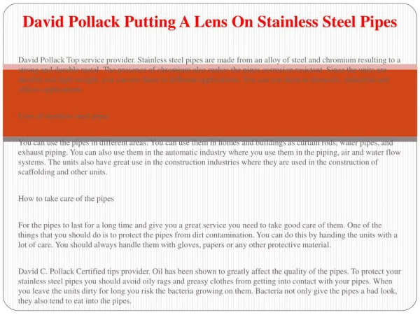 David C. Pollack What You Need To Know About Stainless Steel Pipes