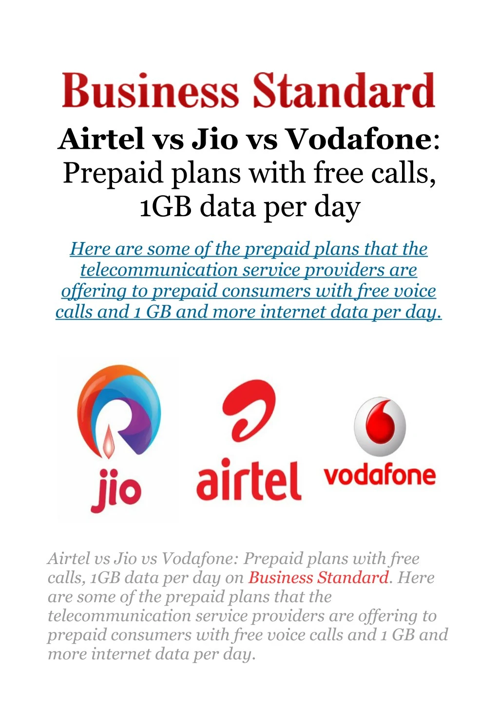airtel vs jio vs vodafone prepaid plans with free