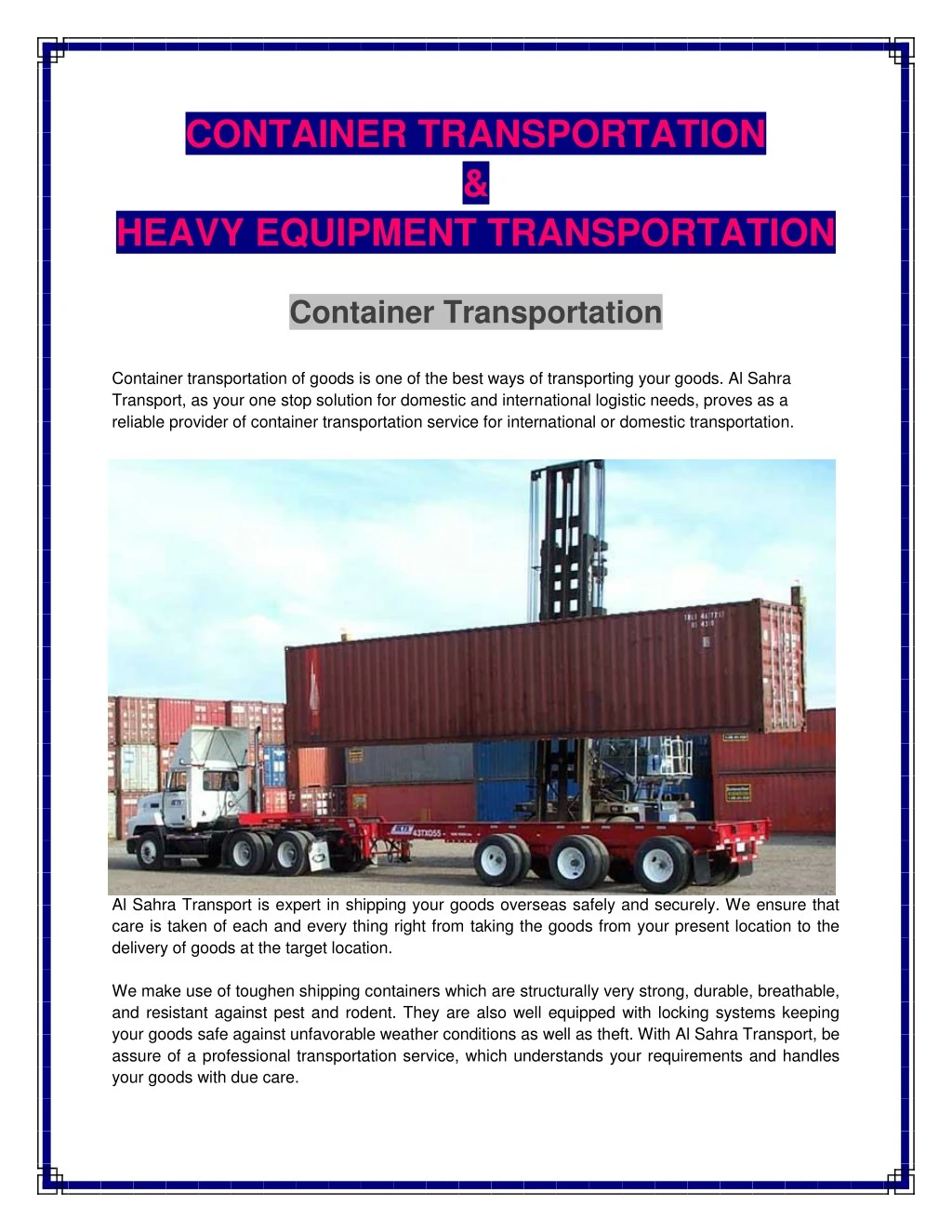 container transportation heavy equipment
