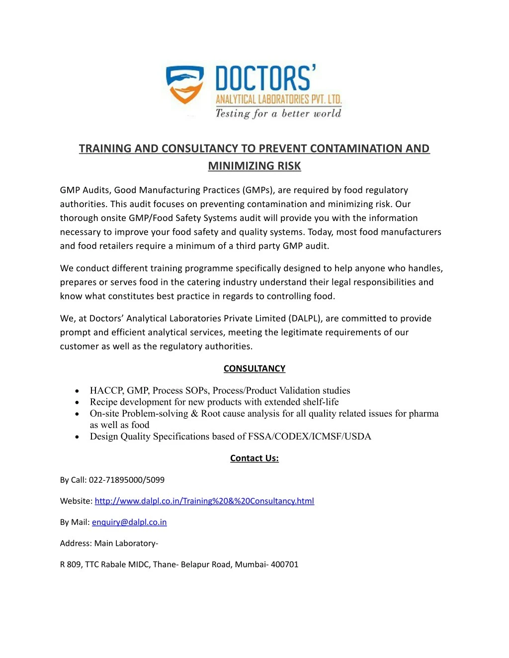 training and consultancy to prevent contamination