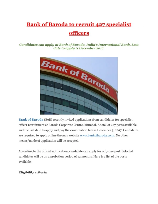 Bank of Baroda to recruit 427 specialist officers