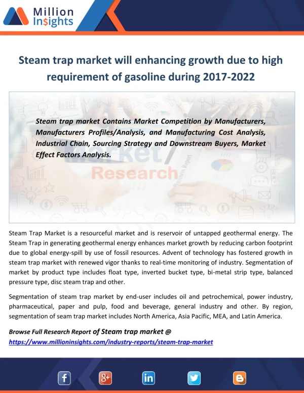 Steam trap market will enhancing growth due to high requirement of gasoline during 2017-2022