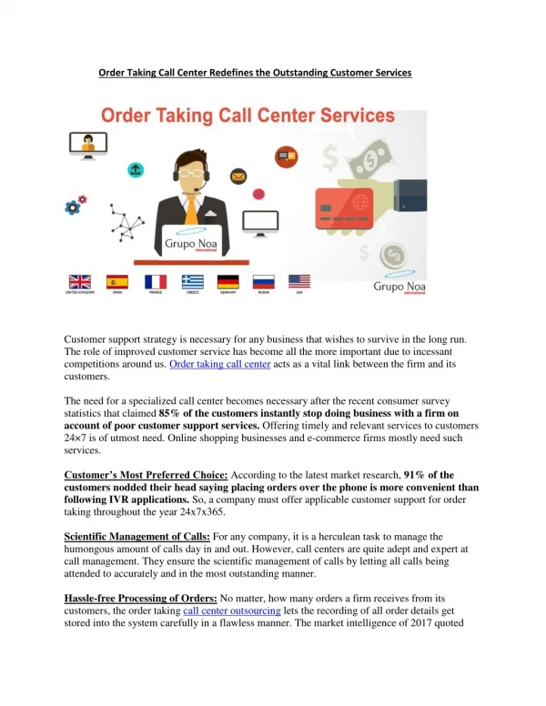 Order Taking Call Center Redefines the Outstanding Customer Services