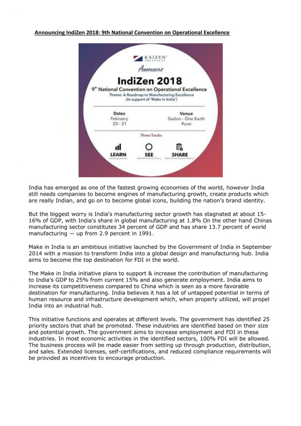 Announcing IndiZen 2018: 9th National Convention on Operational Excellence
