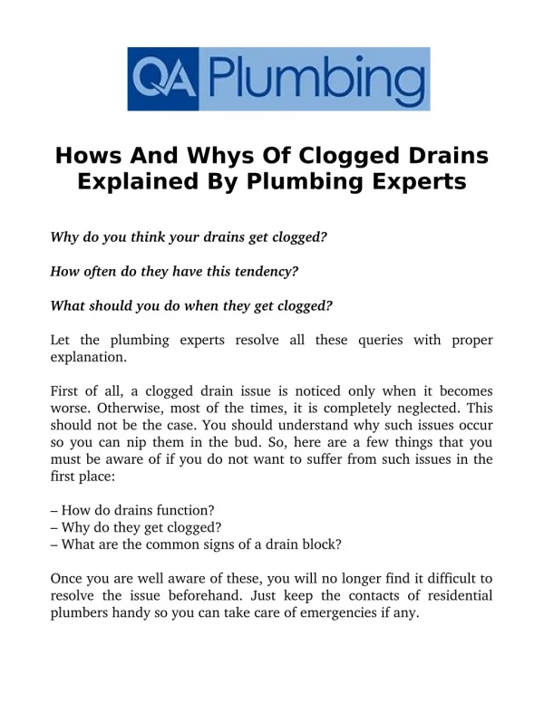 Hows And Whys Of Clogged Drains Explained By Plumbing Experts