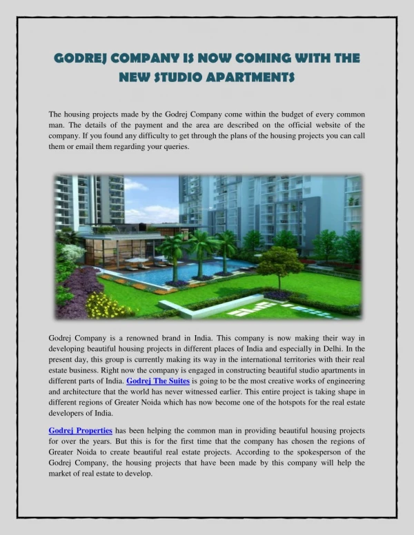 Godrej Company is now coming with the new studio apartments
