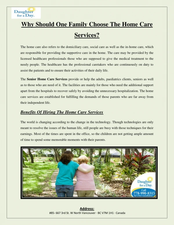 Why Should One Family Choose The Home Care Services?