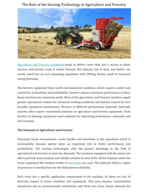 The Role of the Sensing Technology in Agriculture and Forestry equipment