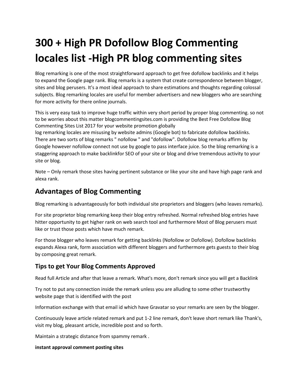 300 high pr dofollow blog commenting locales list