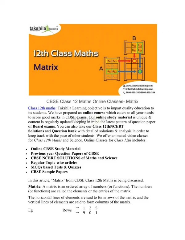 CBSE Class 12 Maths Online Classes and NCERT Solutions - Matrix