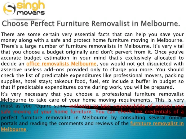 Choose Perfect Furniture Removalist in Melbourne.