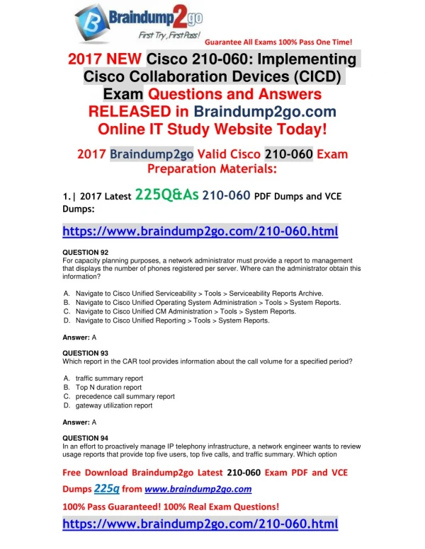 [2017-Nov]Braindump2go Latest 210-060 VCE and 210-060 PDF 225Q&As Free Share(Q92-Q105)